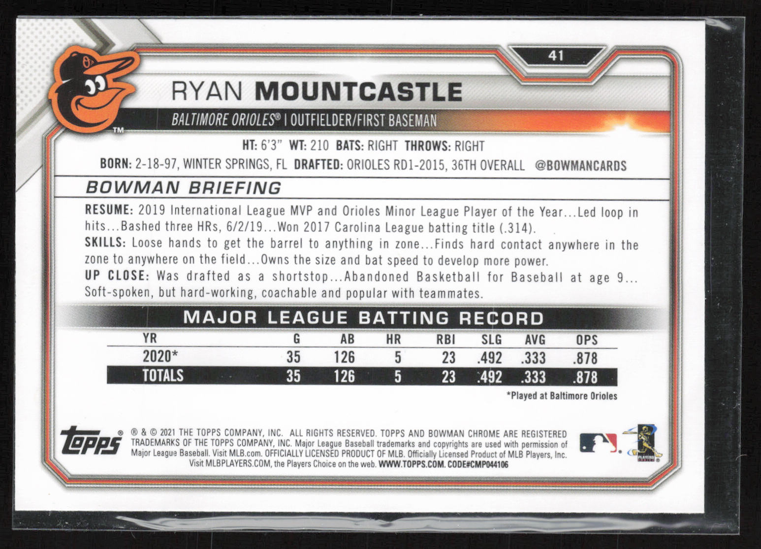 2021 Bowman #41 Ryan Mountcastle