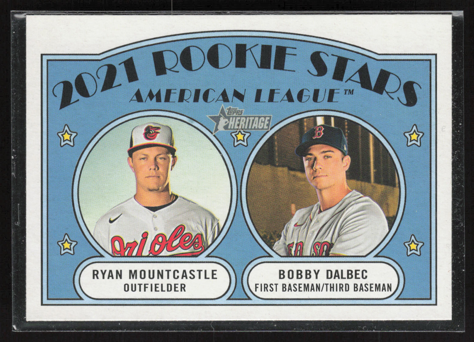 2021 Topps Heritage #185 AL 2021 Rookie Stars (Mountcastle / Dalbec) RS, RC