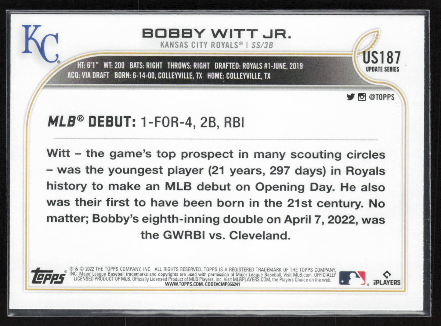 2022 Topps Update #US187 Bobby Witt Jr.