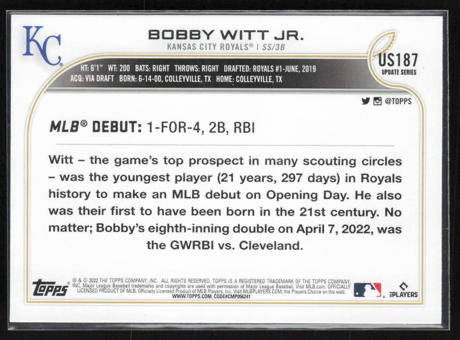 2022 Topps Update #US187 Bobby Witt Jr.
