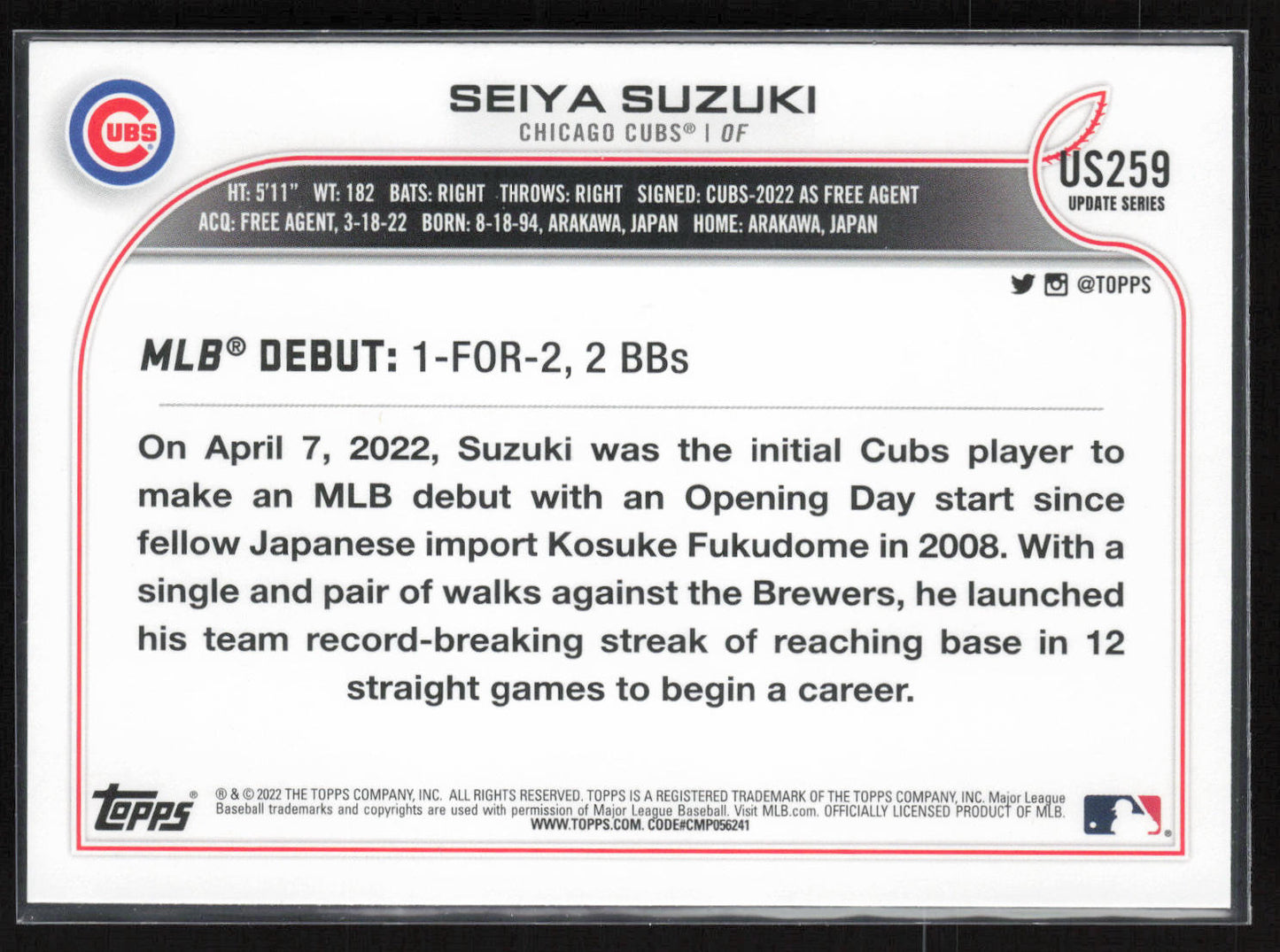 2022 Topps Update #US259 Seiya Suzuki