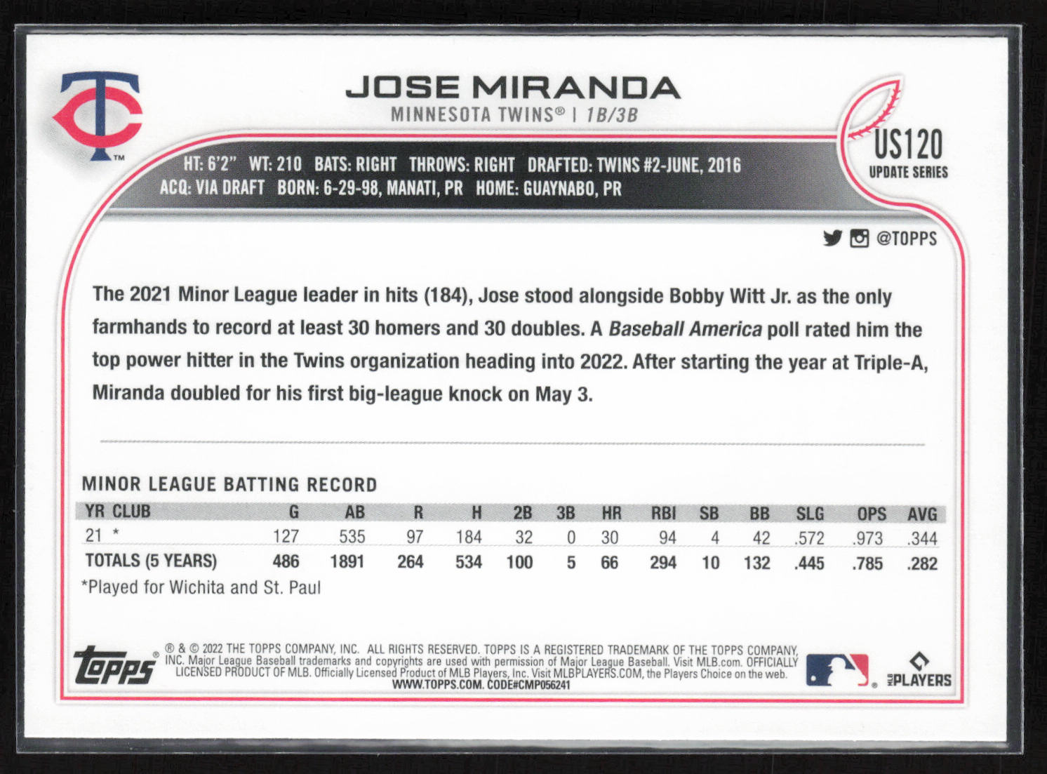 2022 Topps Update #US120 Jose Miranda