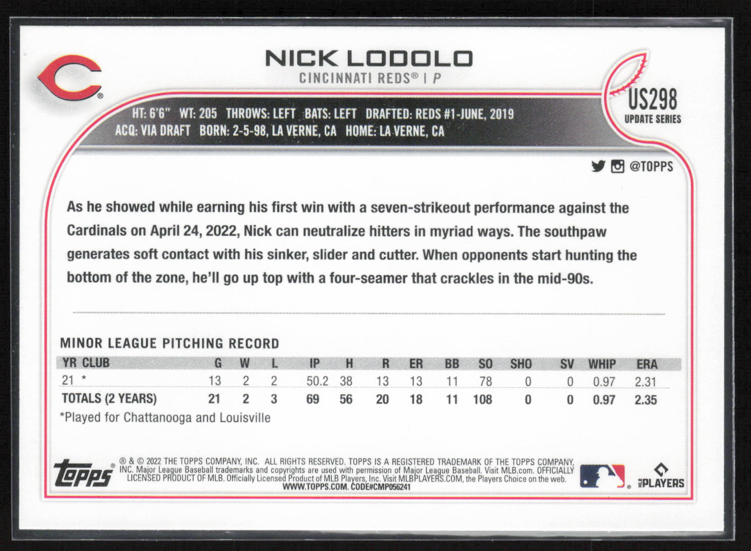 2022 Topps Update #US298 Nick Lodolo