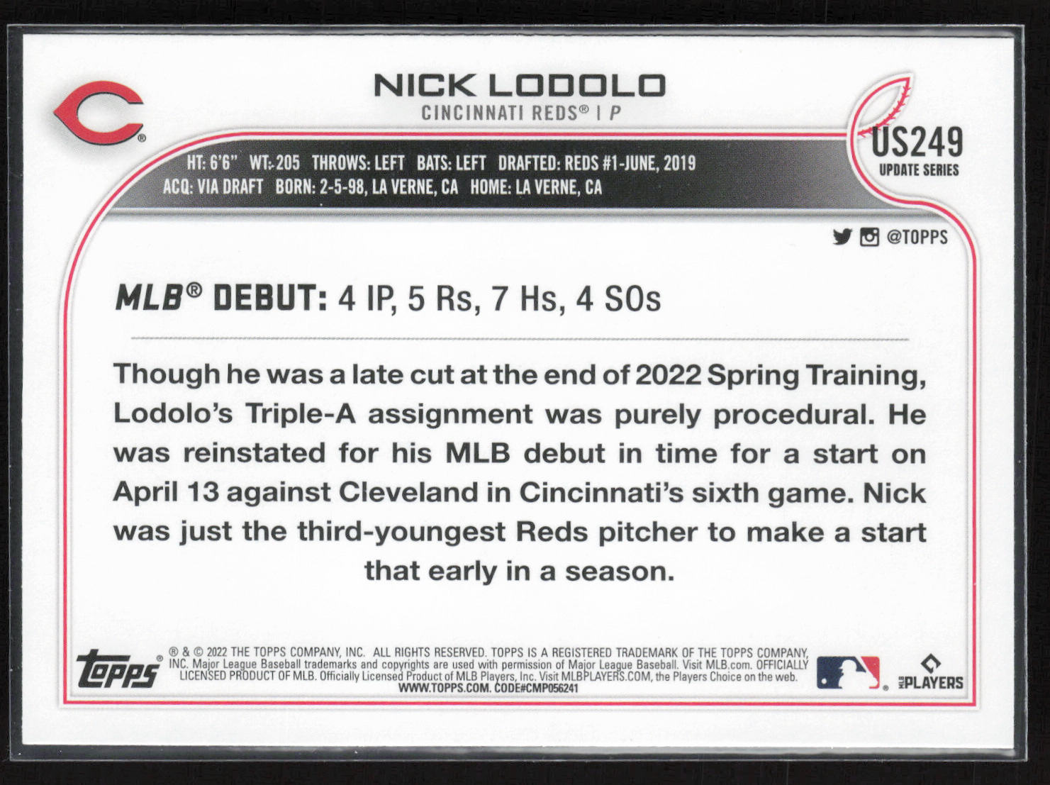 2022 Topps Update #US249 Nick Lodolo