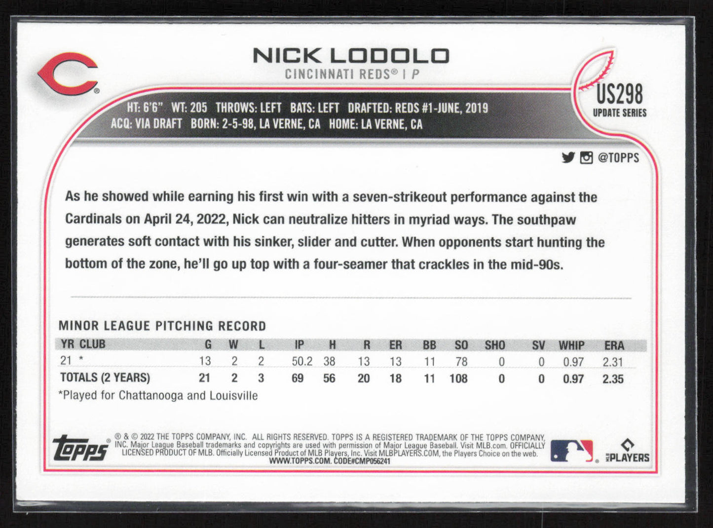 2022 Topps Update #US298 Nick Lodolo
