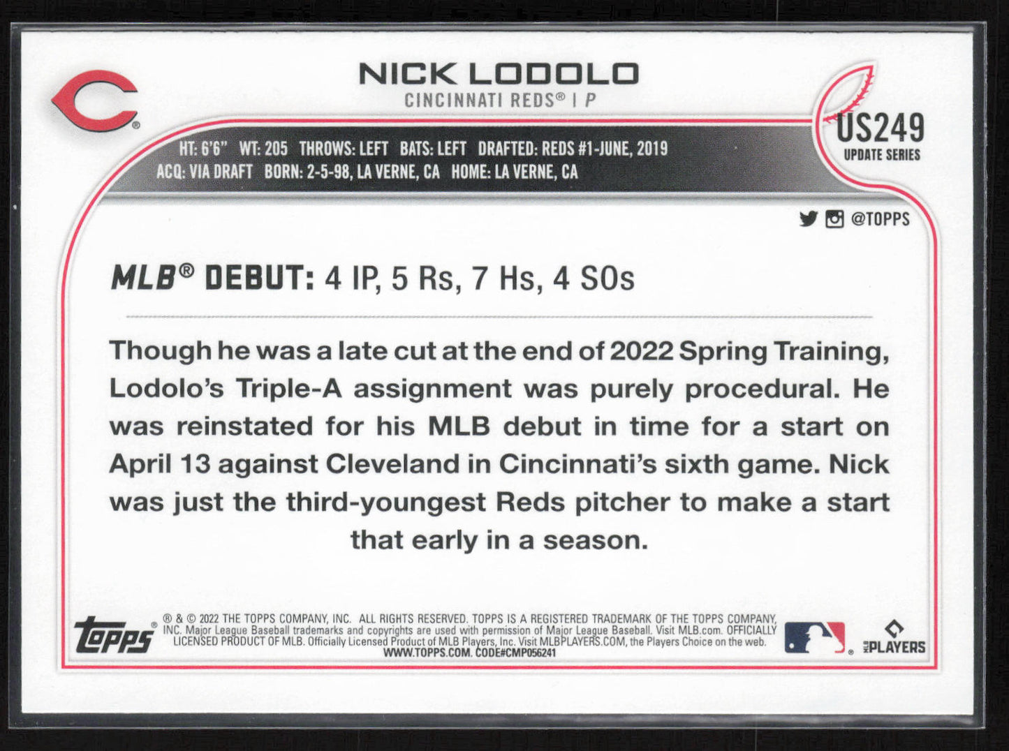 2022 Topps Update #US249 Nick Lodolo