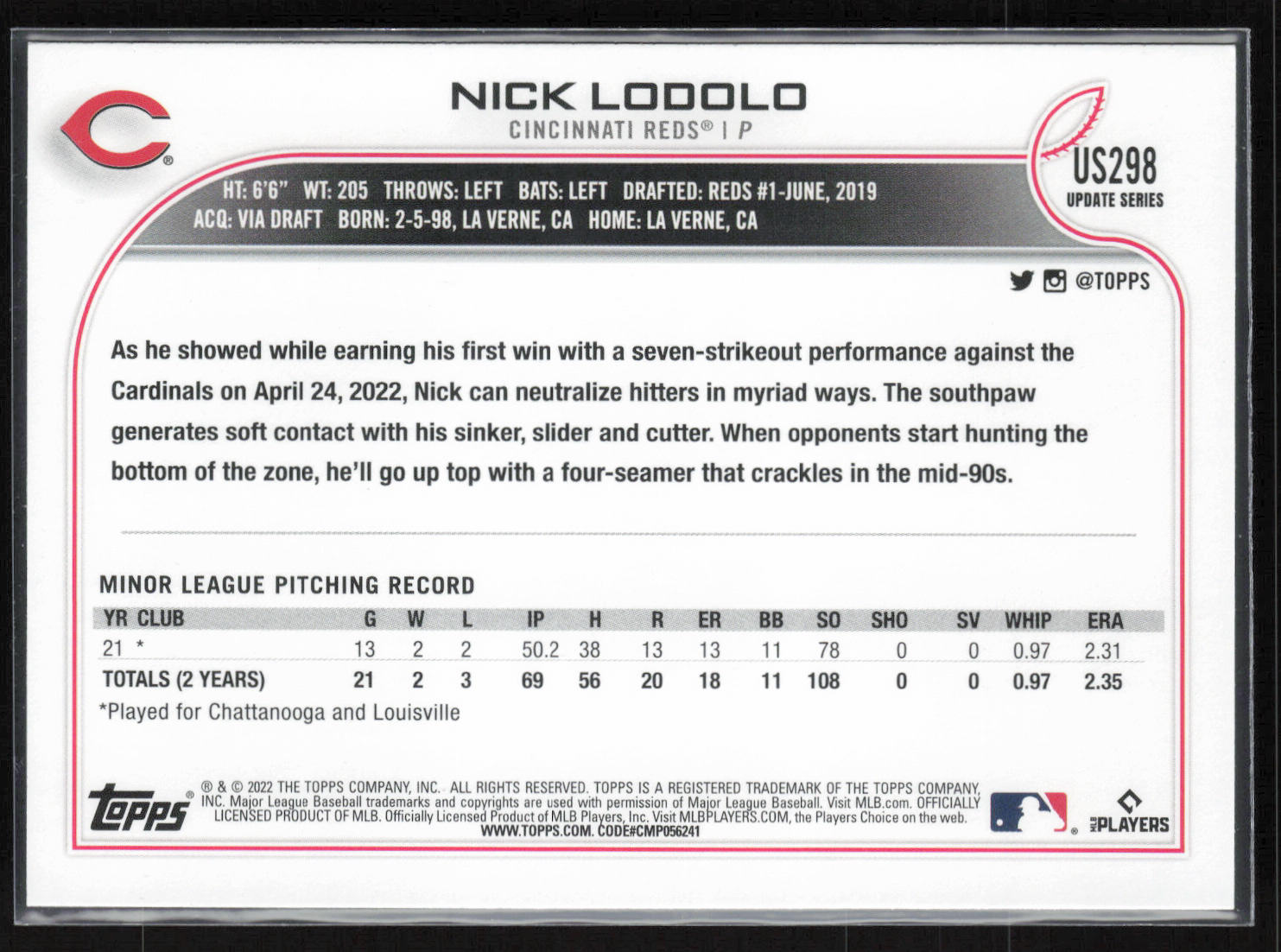 2022 Topps Update #US298 Nick Lodolo