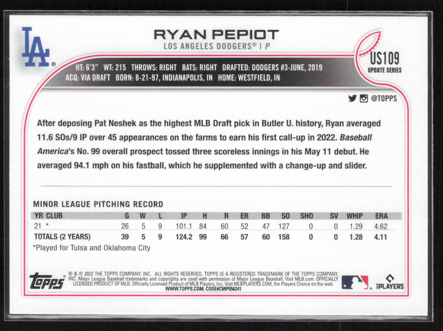2022 Topps Update #US109 Ryan Pepiot
