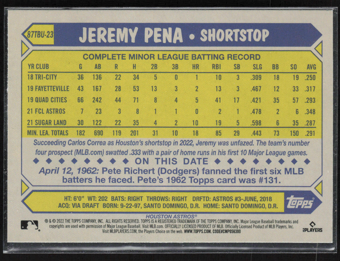 2022 Topps Update #87TBU-23 Jeremy Pena 1987 Topps Baseball 35th Anniversary