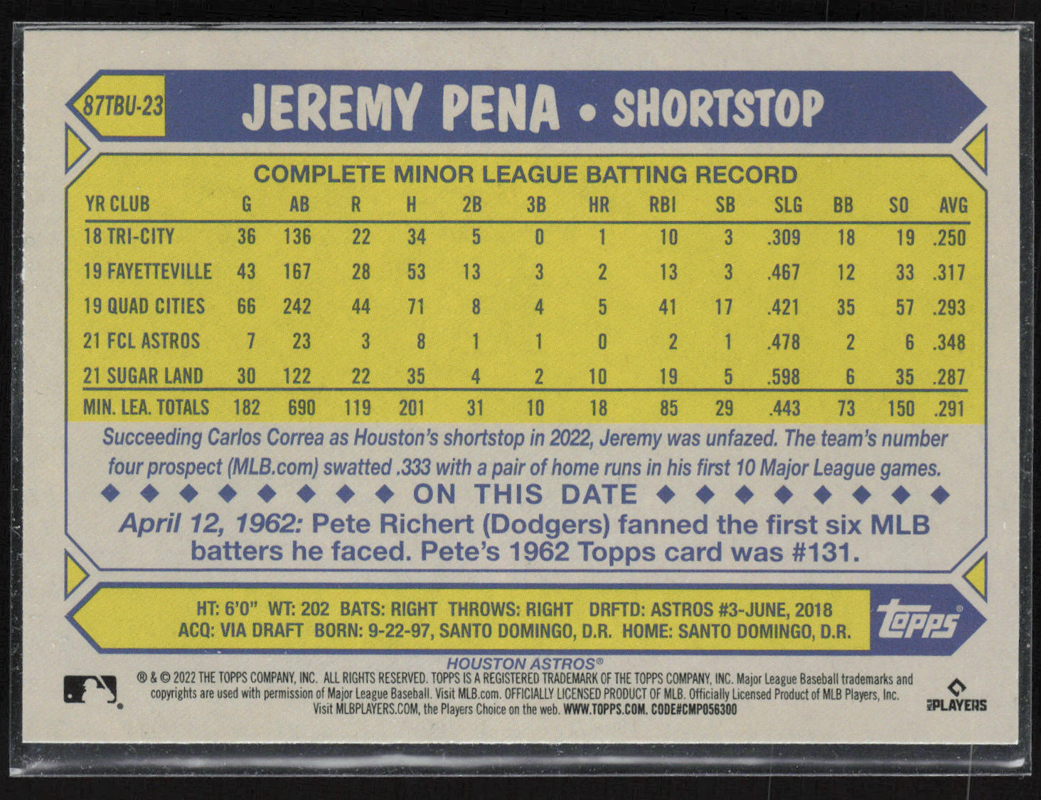 2022 Topps Update #87TBU-23 Jeremy Pena 1987 Topps Baseball 35th Anniversary