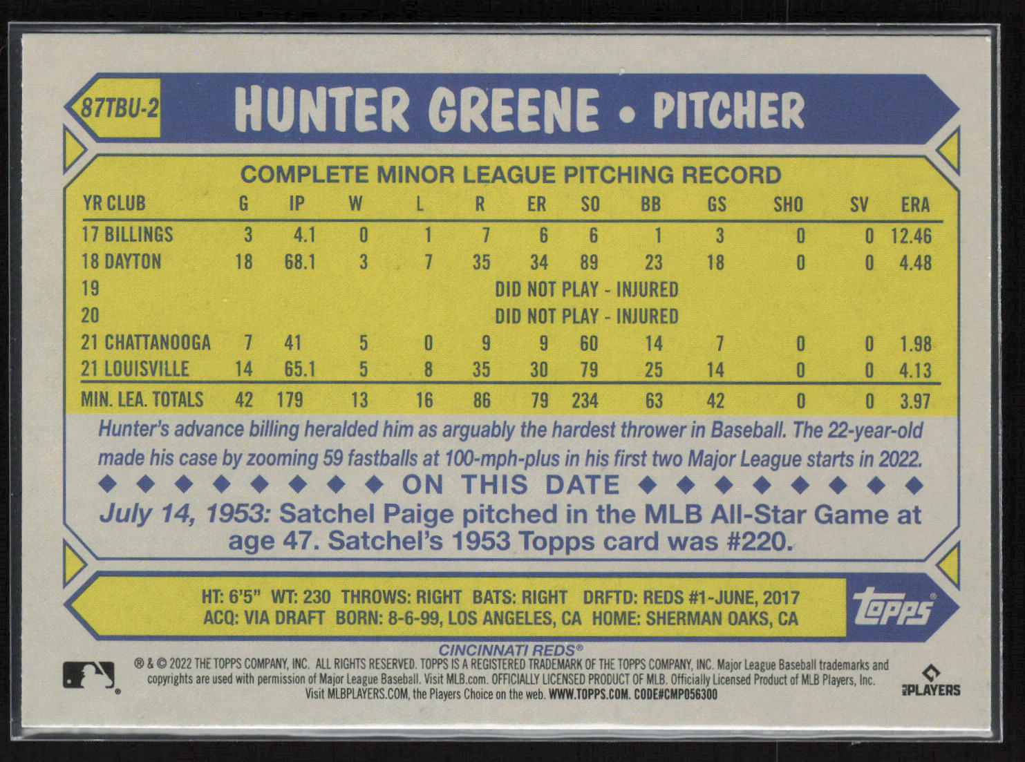 2022 Topps Update #87TBU-2 Hunter Greene 1987 Topps Baseball 35th Anniversary