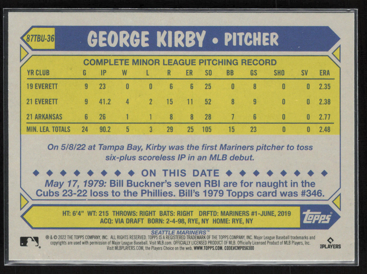 2022 Topps Update #87TBU-36 George Kirby 1987 Topps Baseball 35th Anniversary