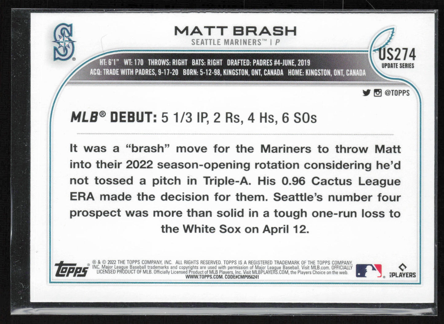 2022 Topps Update #US274 Matt Brash Rainbow Foil