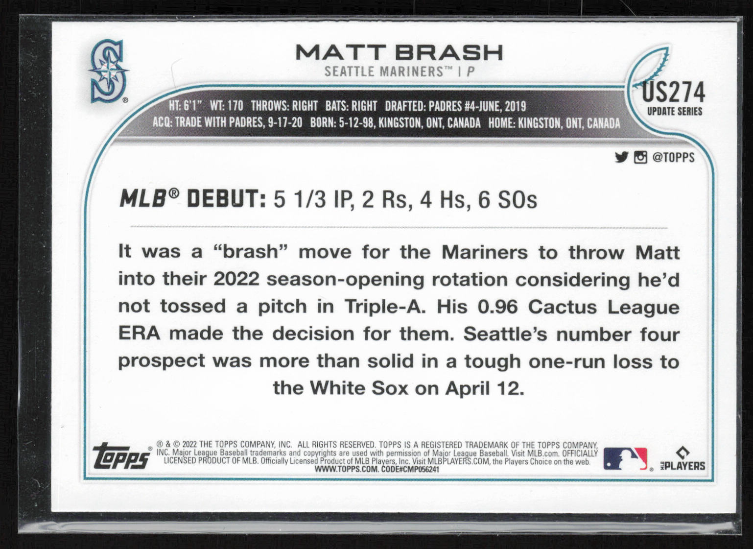 2022 Topps Update #US274 Matt Brash Rainbow Foil