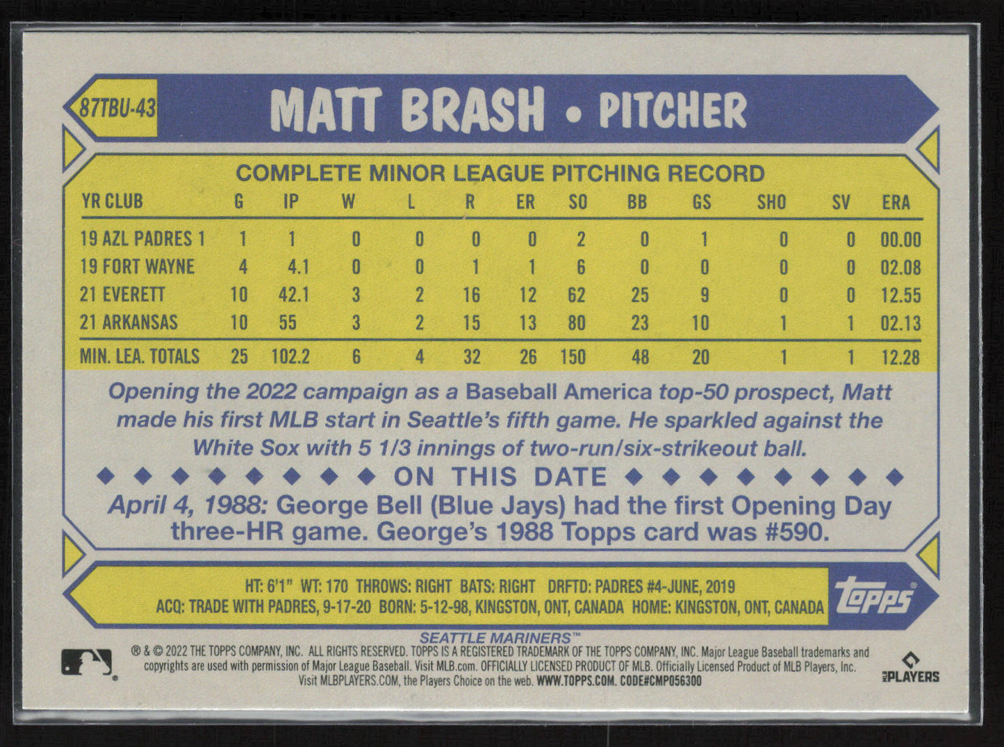 2022 Topps Update #87TBU-43 Matt Brash 1987 Topps Baseball 35th Anniversary