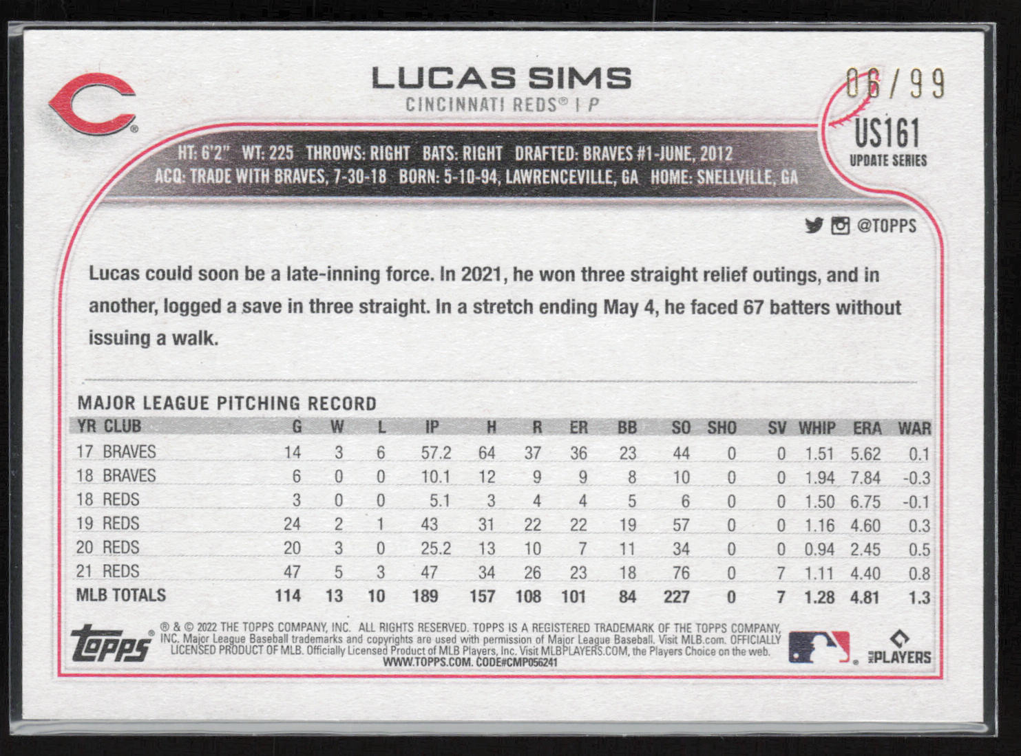 2022 Topps Update #US161 Lucas Sims Vintage Stock #6 of 99