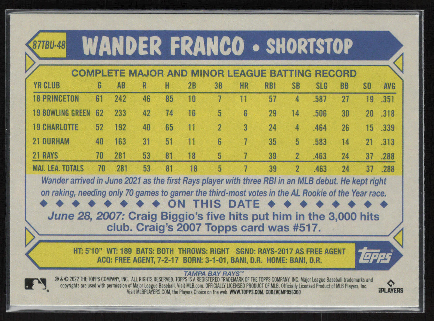2022 Topps Update #87TBU-48 Wander Franco 1987 Topps Baseball 35th Anniversary