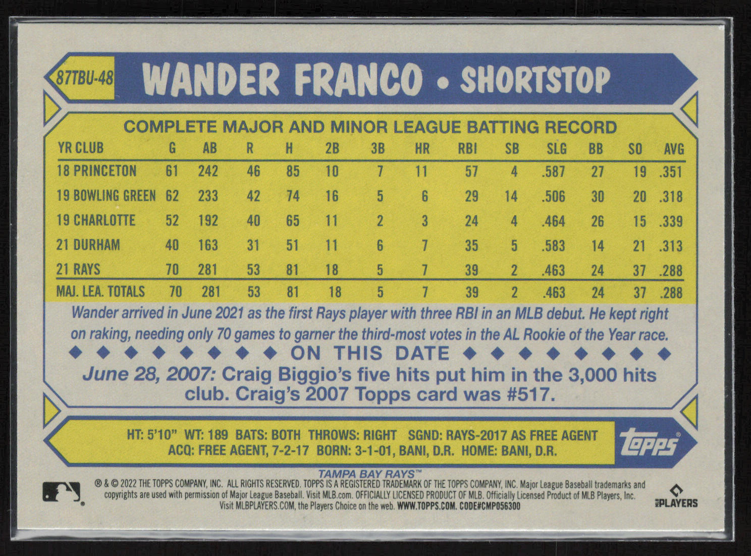 2022 Topps Update #87TBU-48 Wander Franco 1987 Topps Baseball 35th Anniversary