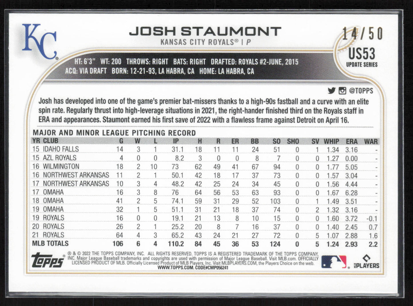 2022 Topps Update #US53 Josh Staumont Father's Day Powder Blue #14 of 50