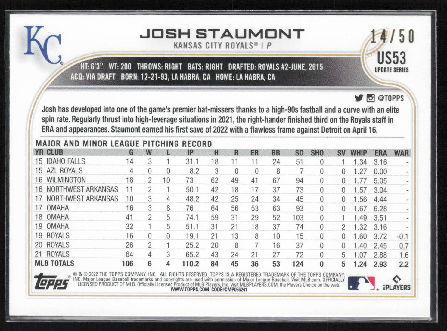 2022 Topps Update #US53 Josh Staumont Father's Day Powder Blue #14 of 50