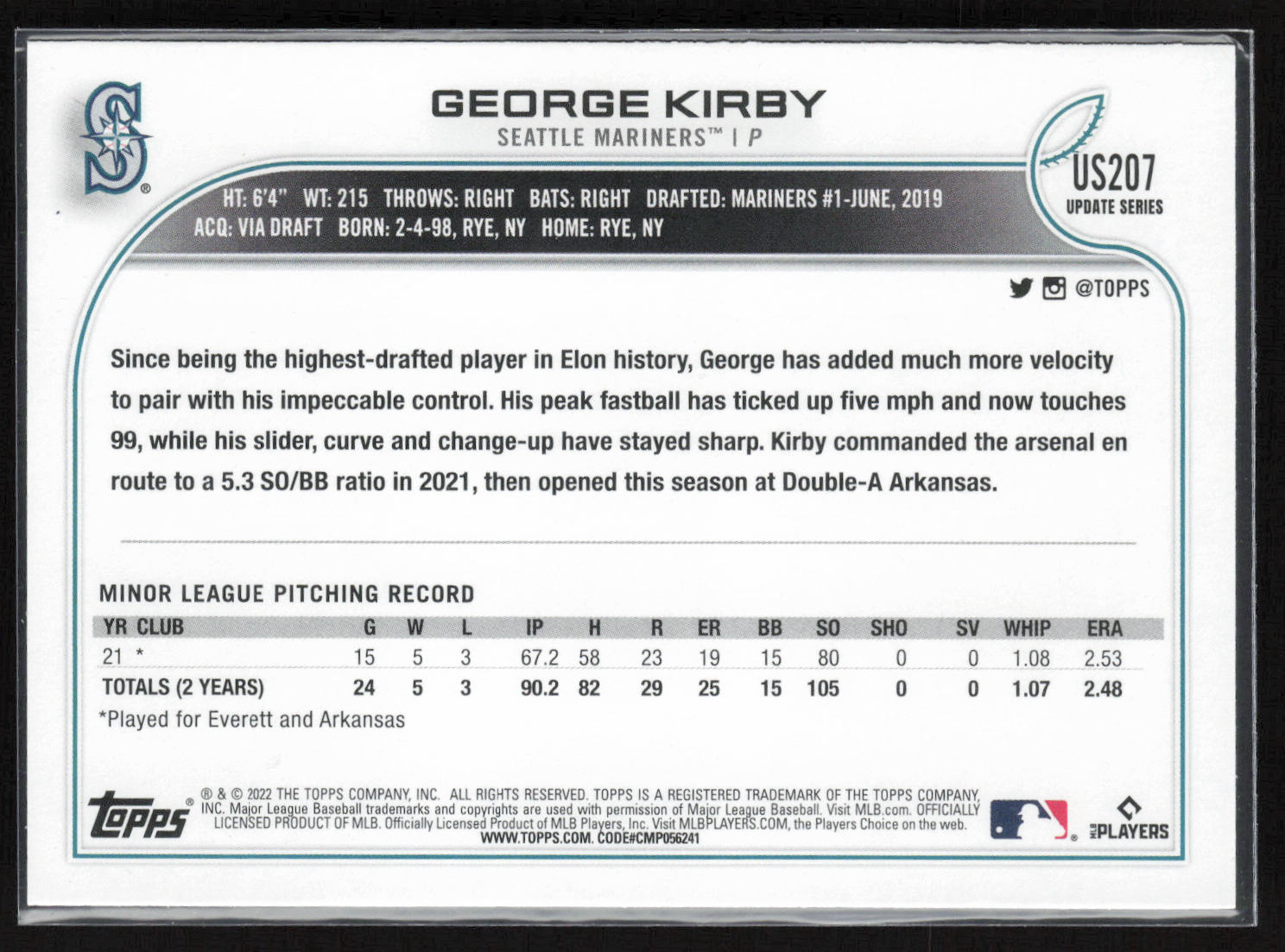 2022 Topps Update #US207 George Kirby Royal Blue