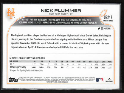 2022 Topps Update #US247 Nick Plummer Royal Blue