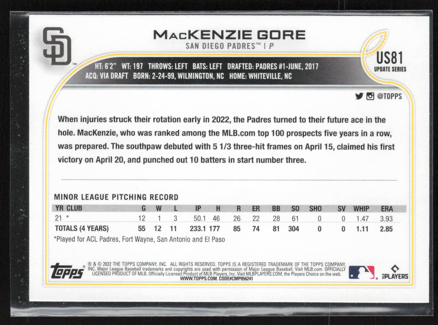 2022 Topps Update #US81 MacKenzie Gore Royal Blue