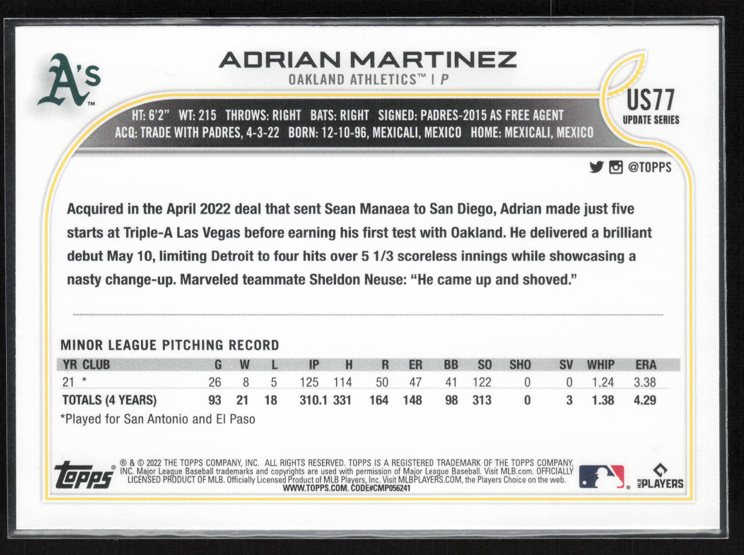 2022 Topps Update #US77 Adrian Martinez Rainbow Foil