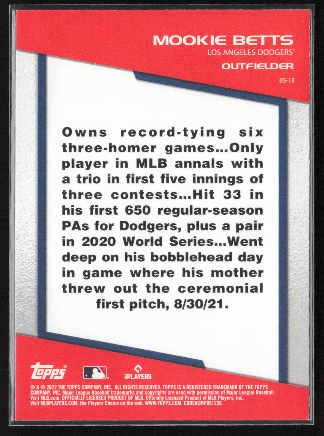 2022 Topps Opening Day #BS-18 Mookie Betts Bomb Squad