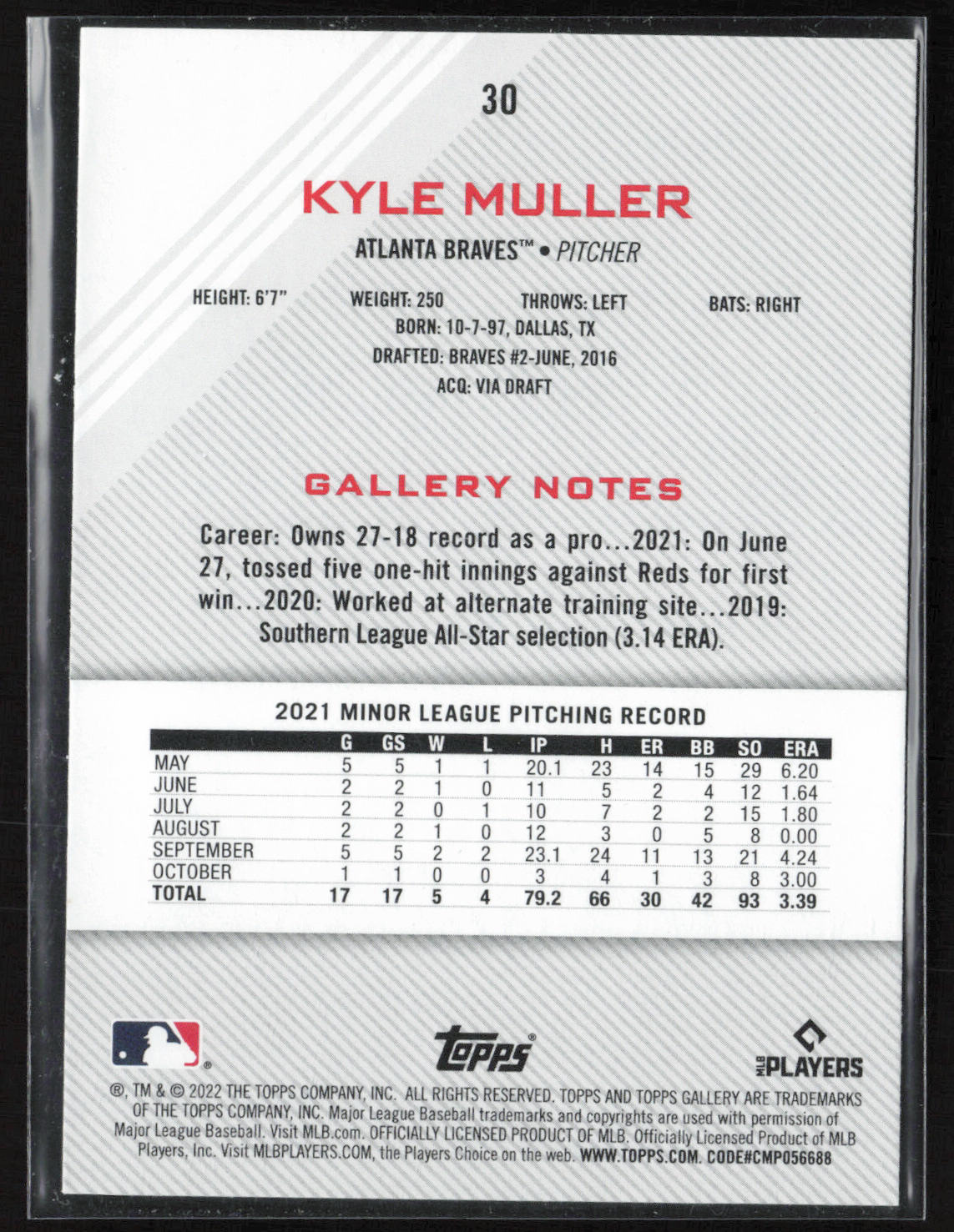 2022 Topps Gallery #30 Kyle Muller Printer Proof
