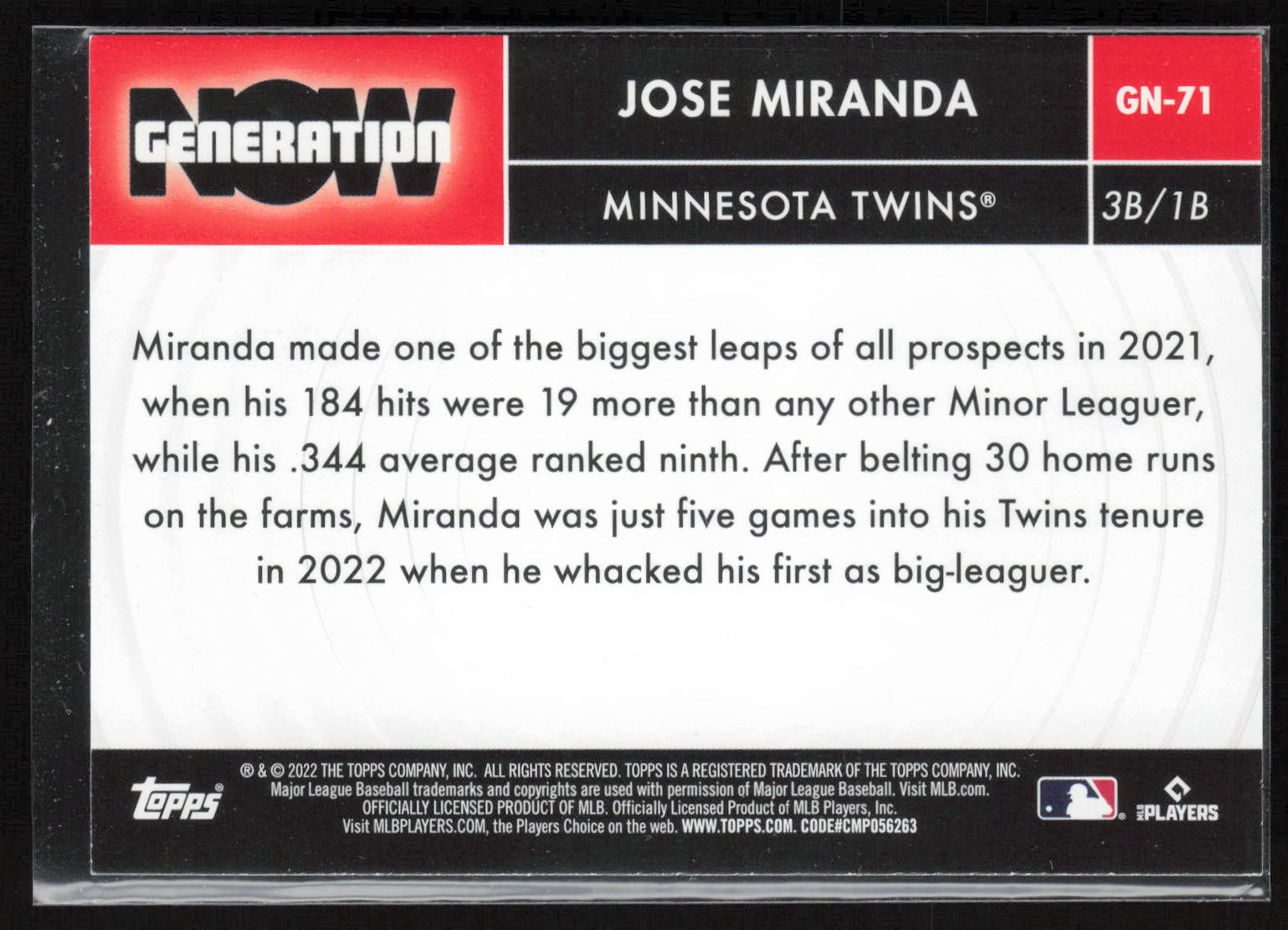 2022 Topps Update #GN-71 Jose Miranda Generation Now