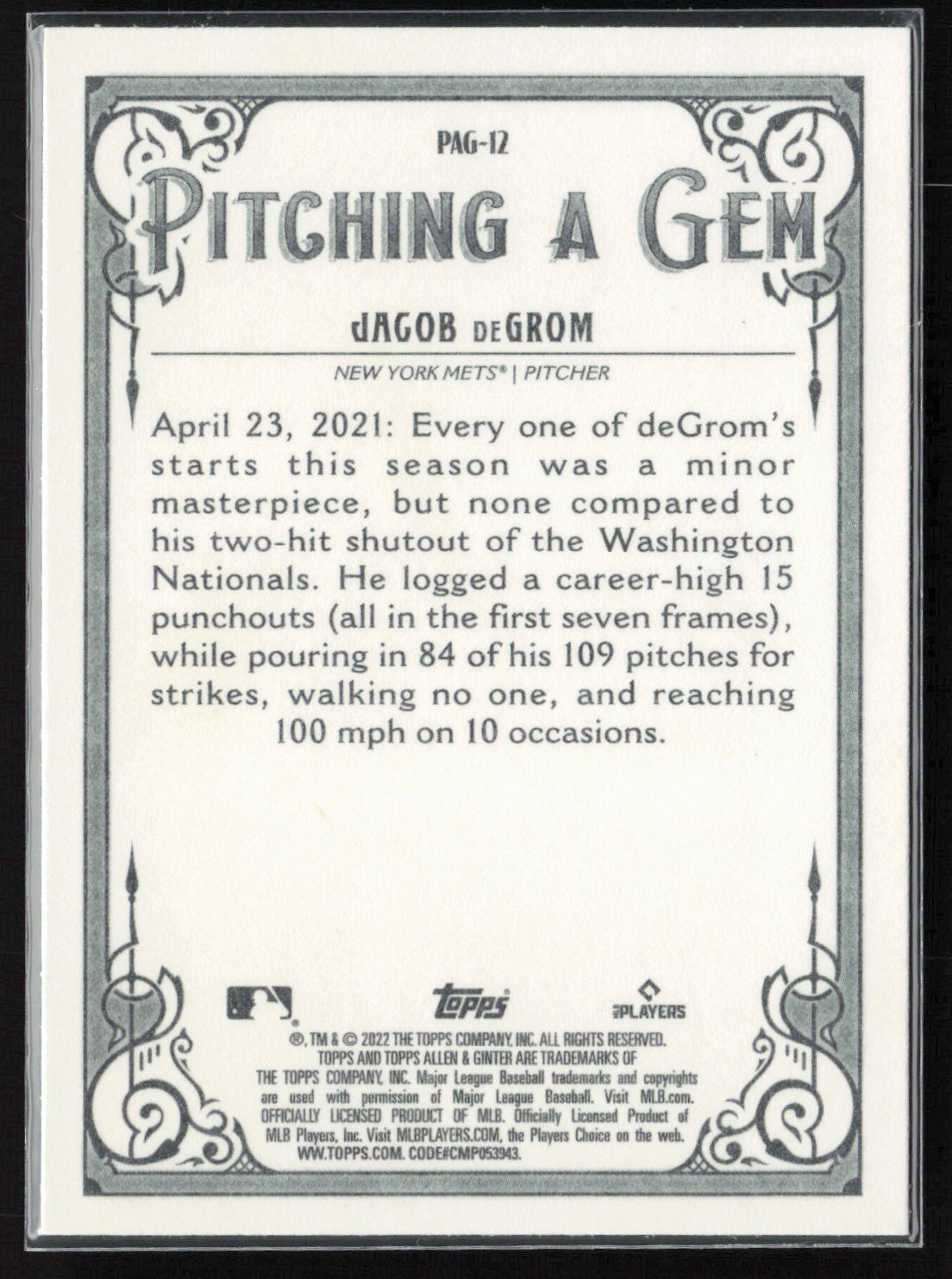 2022 Topps Allen & Ginter #PAG-12 Jacob deGrom Pitching a Gem
