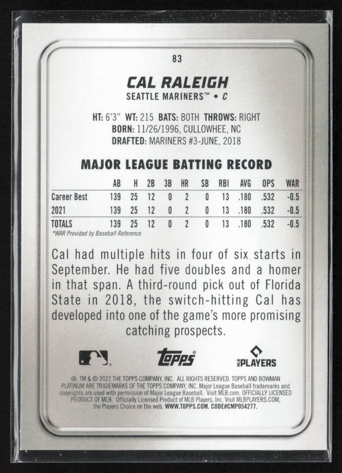 2022 Bowman Platinum #83 Cal Raleigh
