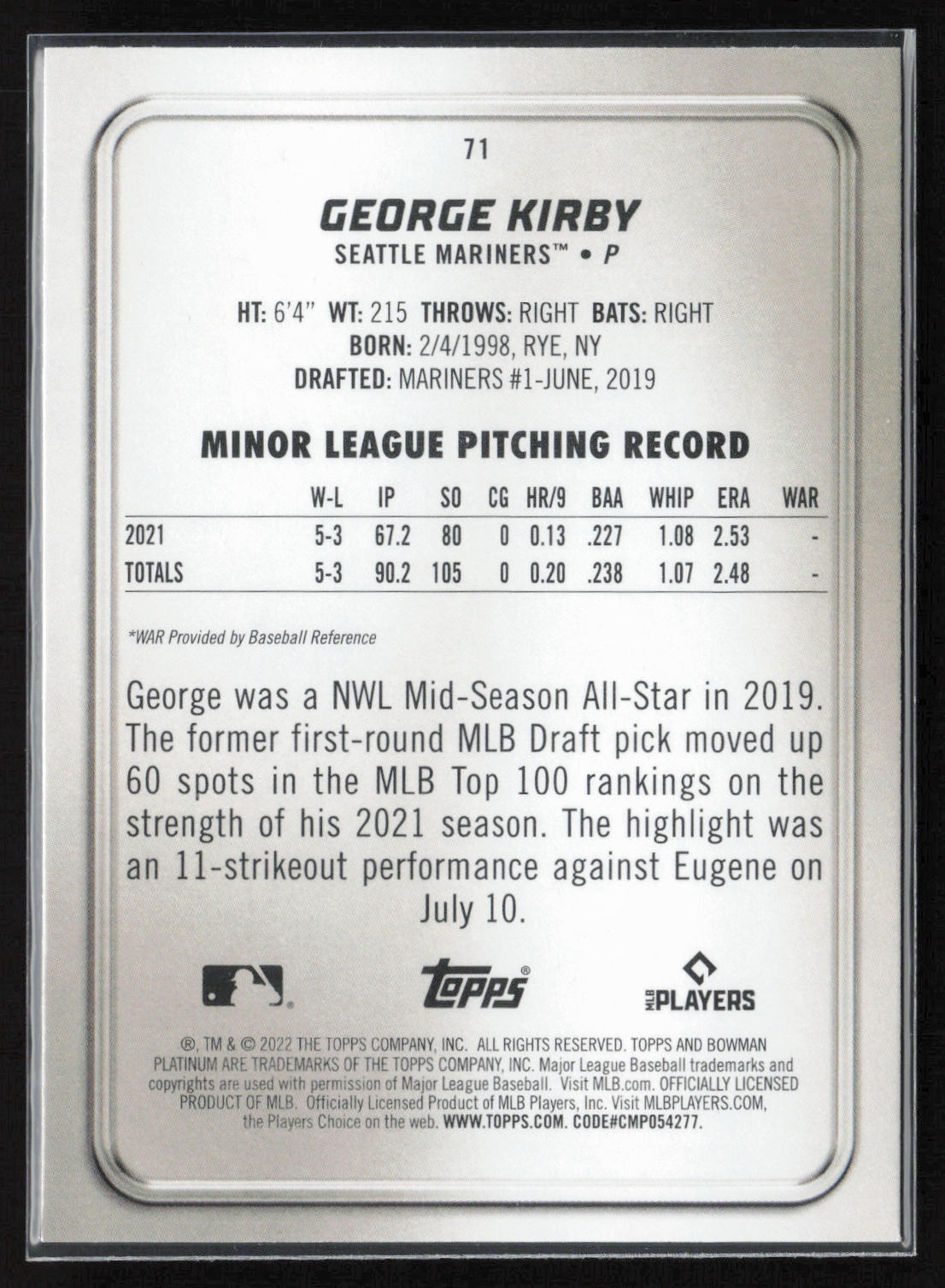 2022 Bowman Platinum #71 George Kirby