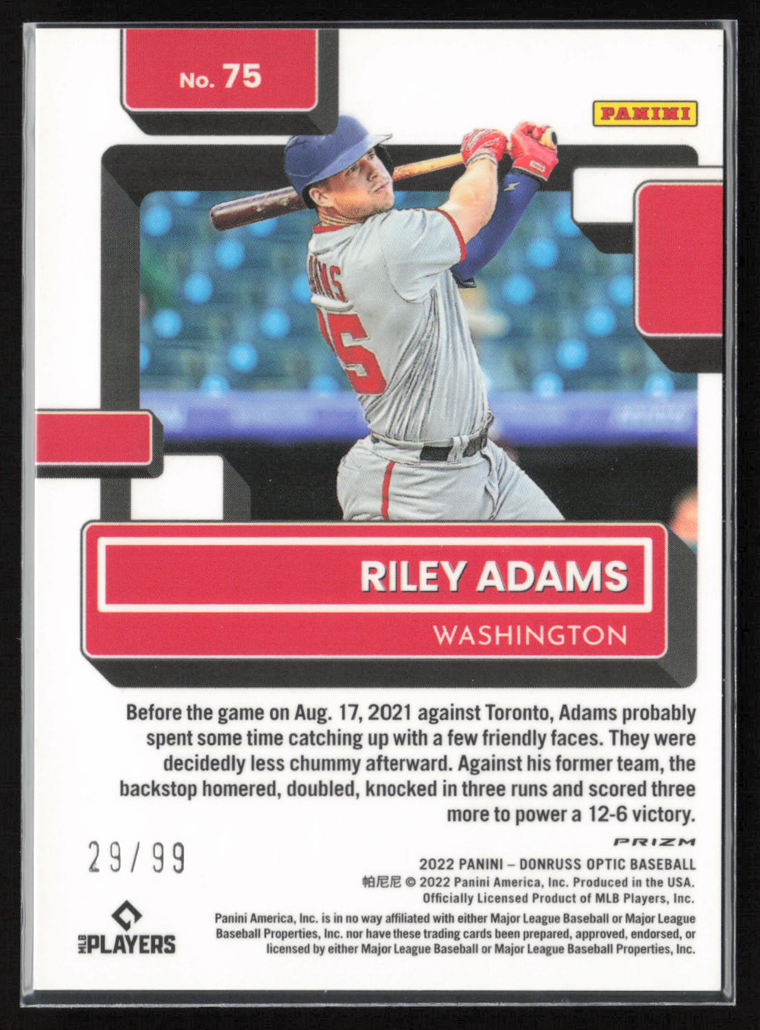 2022 Donruss Optic #75 Riley Adams Silver Prizm #/99 #29/99
