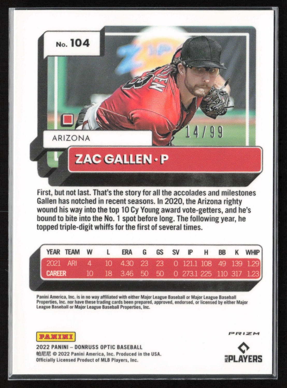 2022 Donruss Optic #104 Zac Gallen Pandora Red Prizm #14 of 99