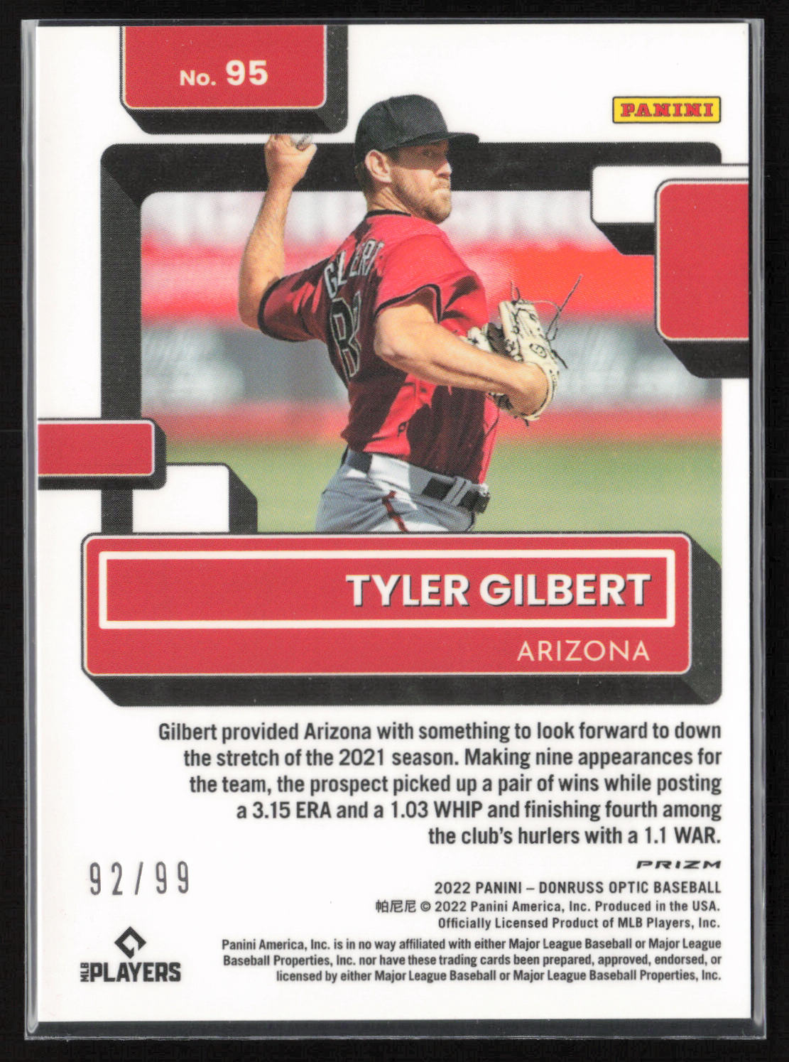 2022 Donruss Optic #95 Tyler Gilbert Pandora Blue Prizm #92 of 99