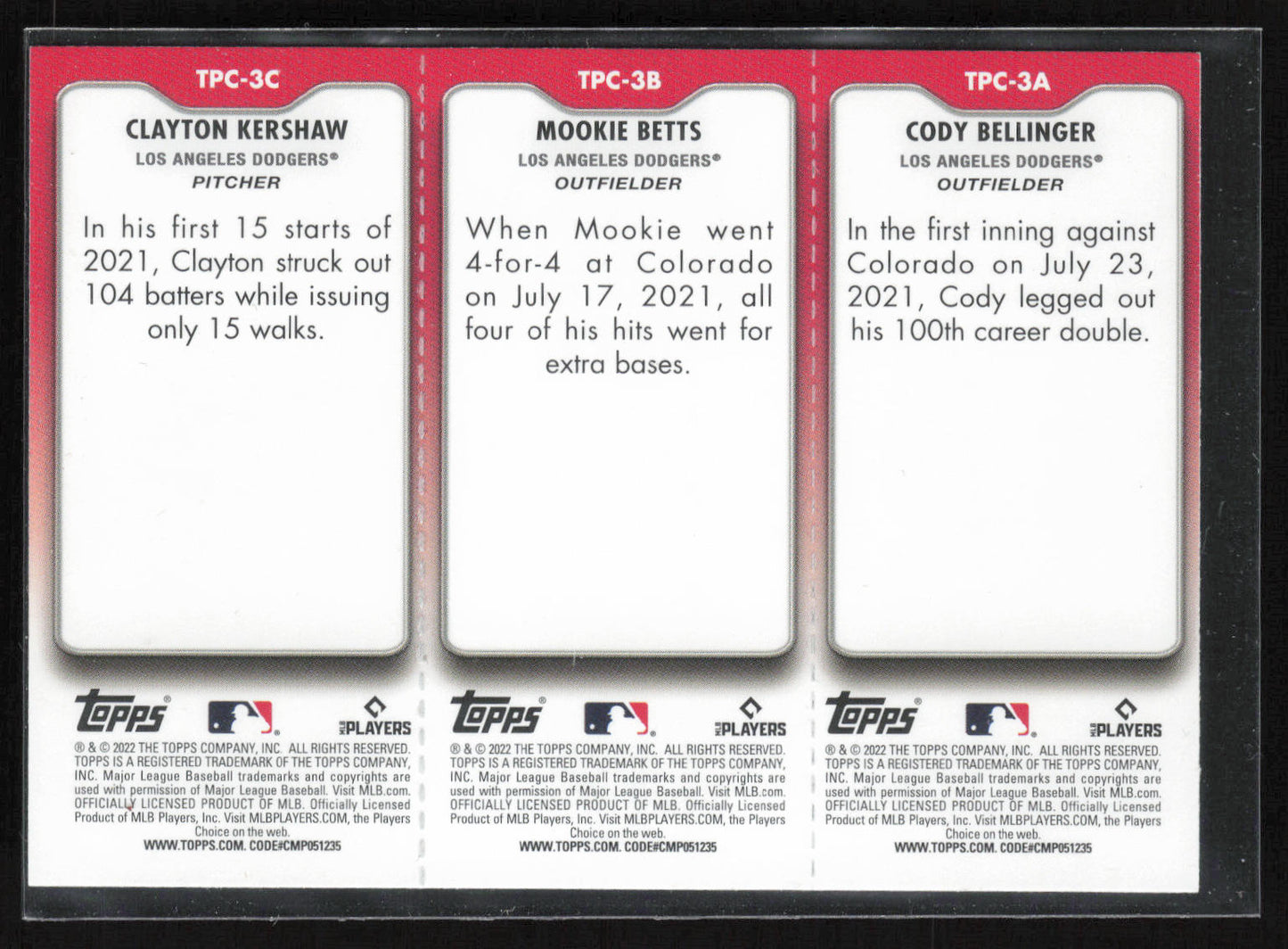 2022 Topps Opening Day #TPC-3A-3C Bellinger / Betts / Kershaw Triple Play