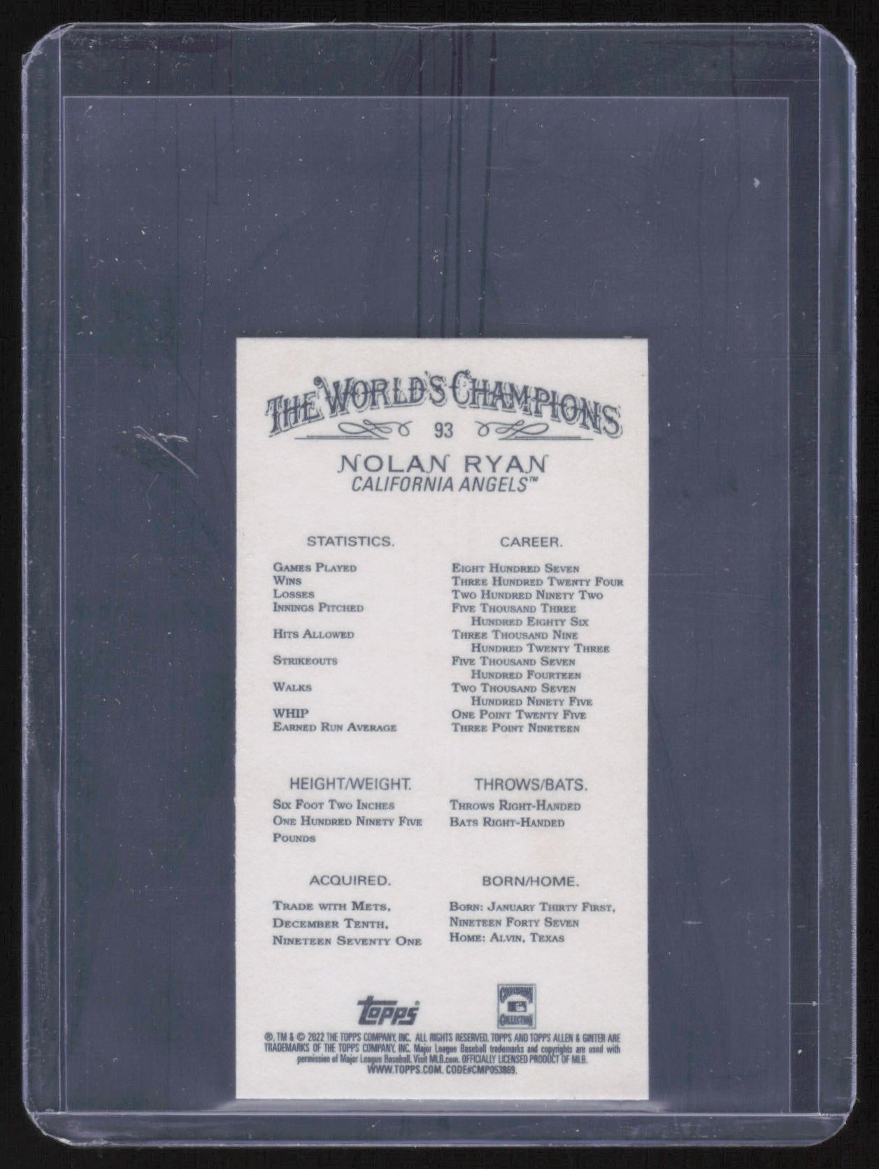 2022 Topps Allen & Ginter #93 Nolan Ryan Mini Black Border