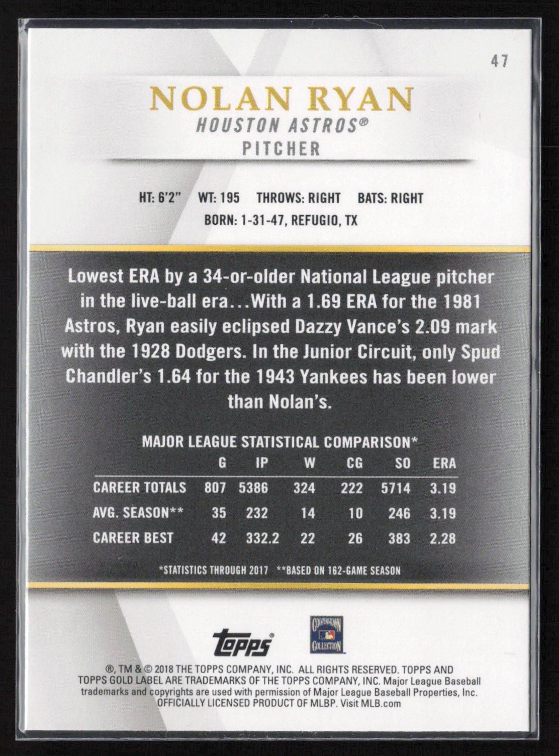 2018 Topps Gold Label #47 Nolan Ryan Class 3