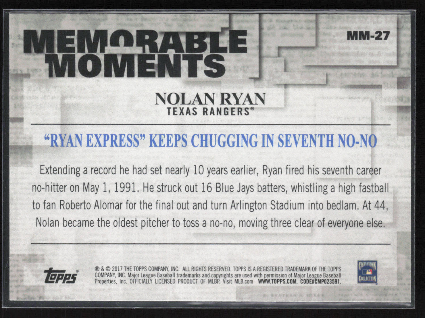 2017 Topps #MM-27 Nolan Ryan Memorable Moments