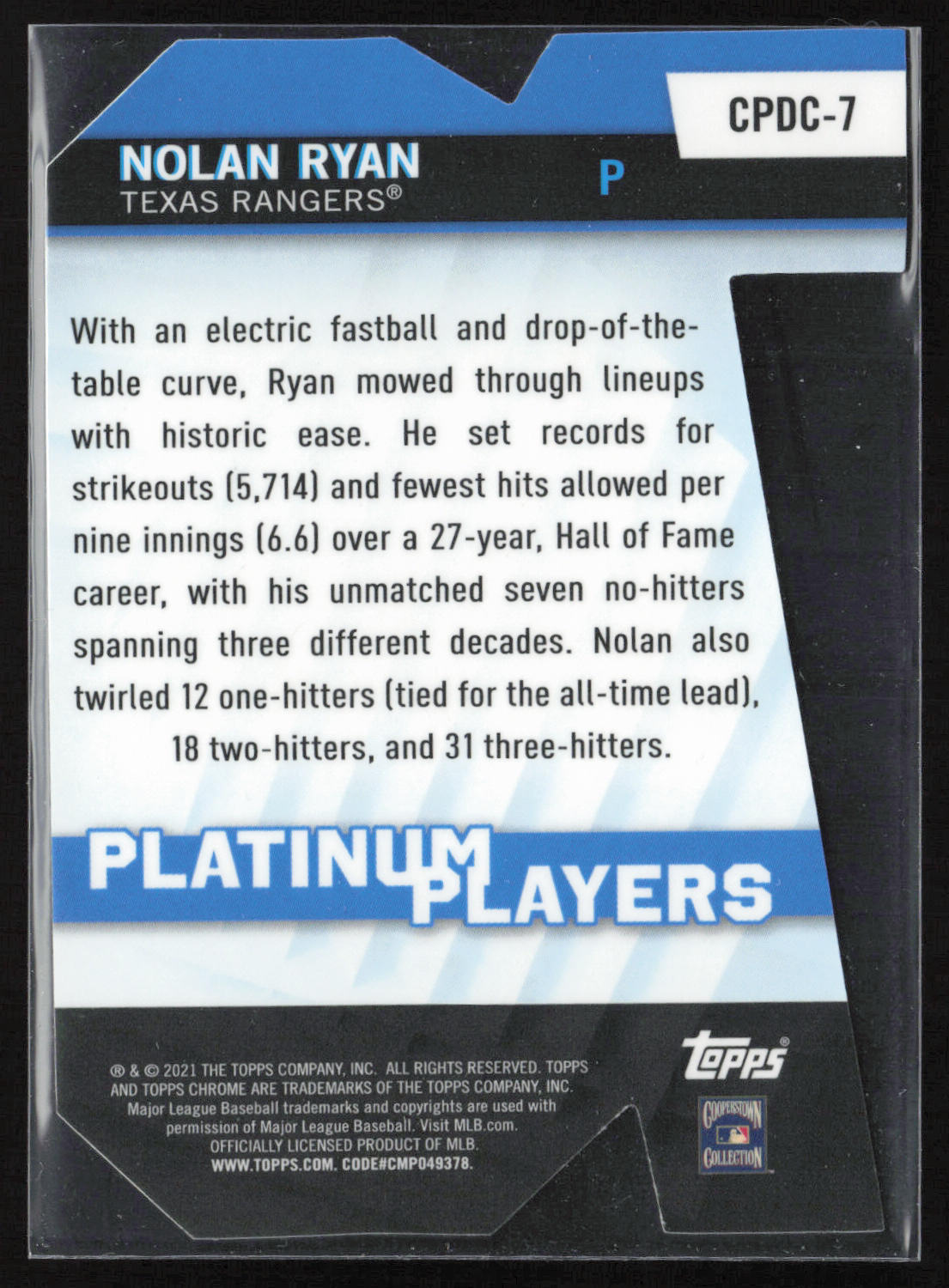 2021 Topps Chrome Update #CPDC-7 Nolan Ryan Platinum Player Die Cut
