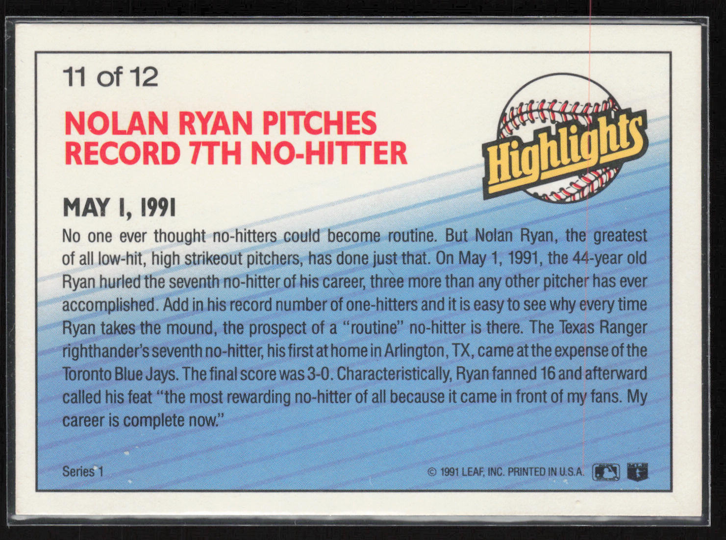 1992 Donruss Highlights #11 of 12 Nolan Ryan
