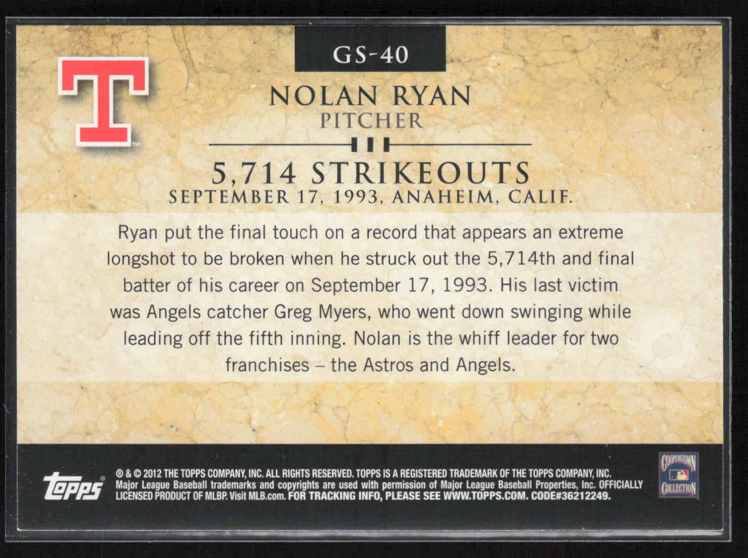 2012 Topps #GS-40 Nolan Ryan Gold Standard