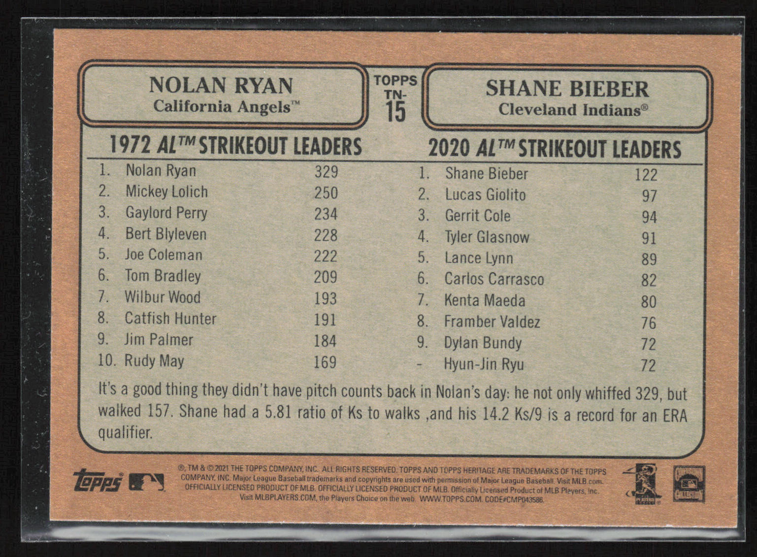 2021 Topps Heritage #TN-15 Nolan Ryan / Shane Bieber Then and Now