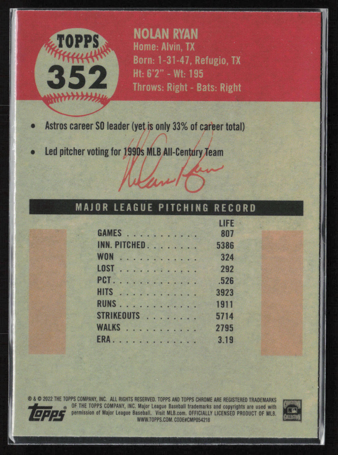 2022 Topps Chrome Platinum Anniversary #352 Nolan Ryan