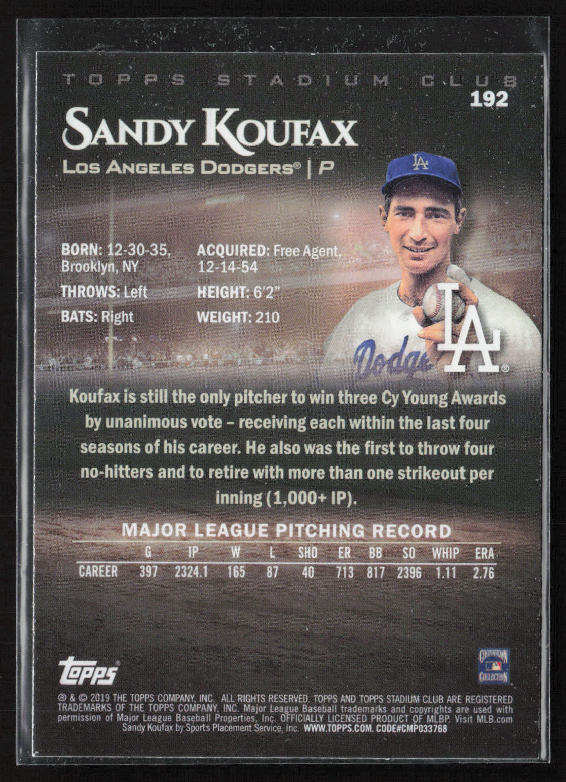2019 Stadium Club #192 Sandy Koufax