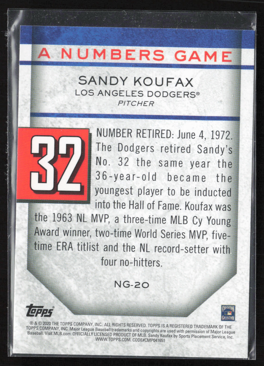 2020 Topps Chrome Update #NGC-20 Sandy Koufax A Numbers Game