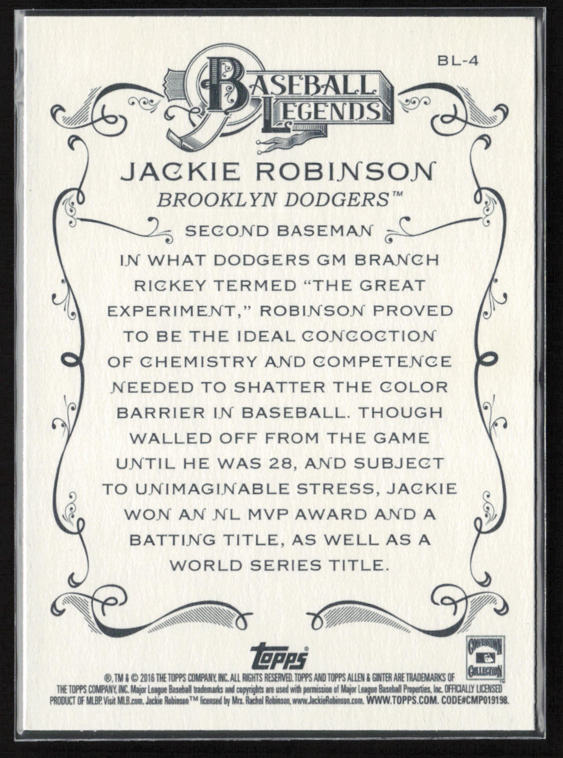 2016 Topps Allen & Ginter #BL-4 Jackie Robinson Baseball Legends
