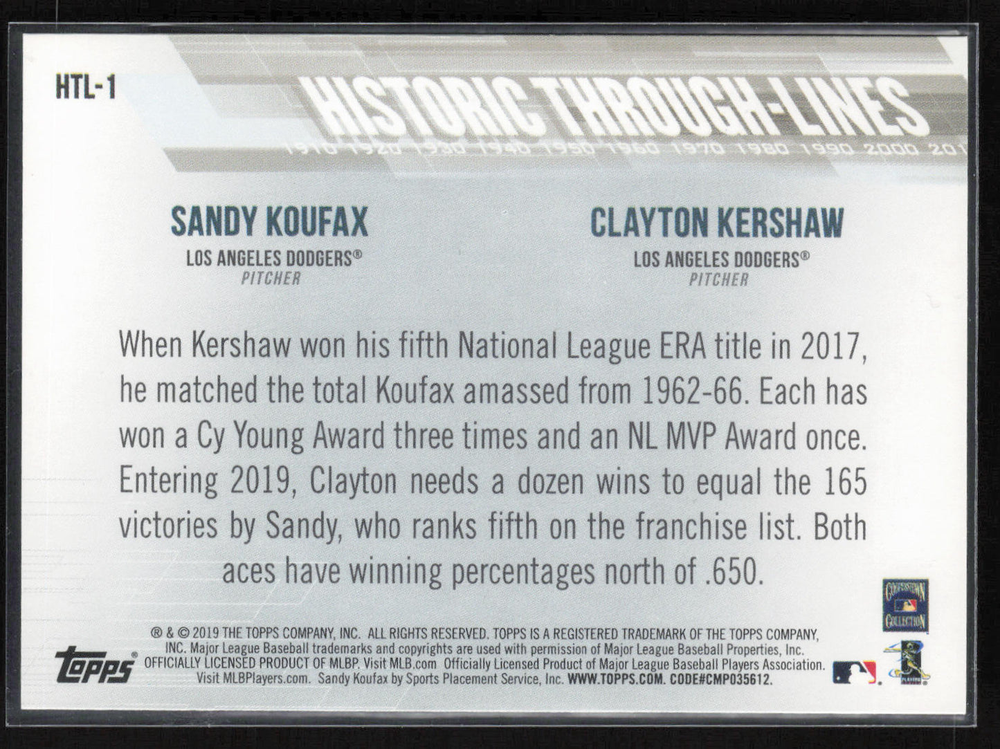 2019 Topps #HTL-1 Sandy Koufax / Clayton Kershaw Historic Through-Lines